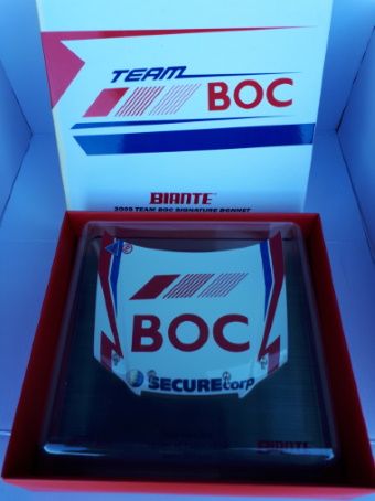 Signature Bonnet by Biante Model Cars.  1:10 scale model of the 2009 Team BOC Holden VE Commodore Bonnet. This model Bonnet’s artwork is in Red and Blue on White.