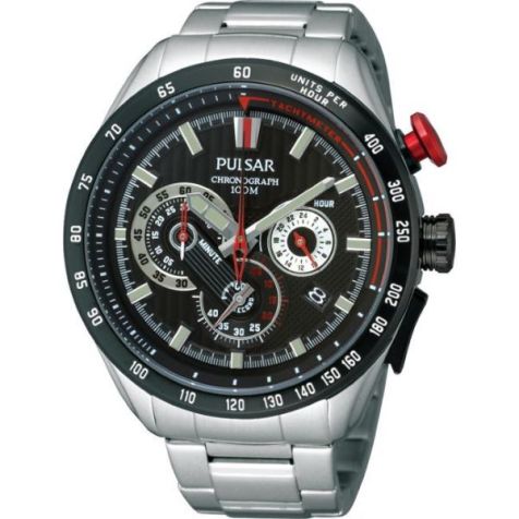 Pulsar Chronograph Watch PU2069X- Stainless Steel Bracelet- Black Face with Grey Indicators Some red Features 