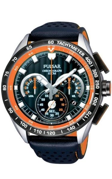 Pulsar Chronograph Watch PU2071X -Black and Orange Leather Band Black Face with Orange Features
