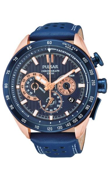Pulsar Chronograph Watch PU2080X - Detailed Blue Leather Band - Blue face with Rose Gold Indicators 
