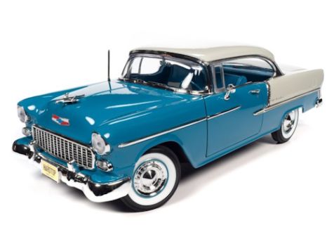 1:18 Auto World 1955 Chevy Bel Air Hardtop (Hemmings) - Skyline Blue and India Ivory