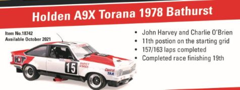 1:18 Classic Carlectables 1978 Holden A9X Torana Driven by Harvey/O'Brien - Marlboro stickered